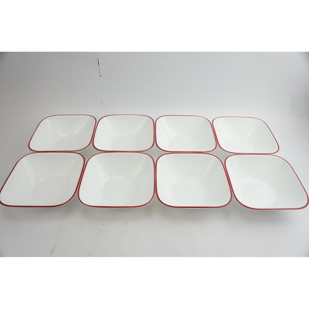 Corelle Cereal Bowls 8pc White Red Rim Square Vitrelle Made in USA EUC